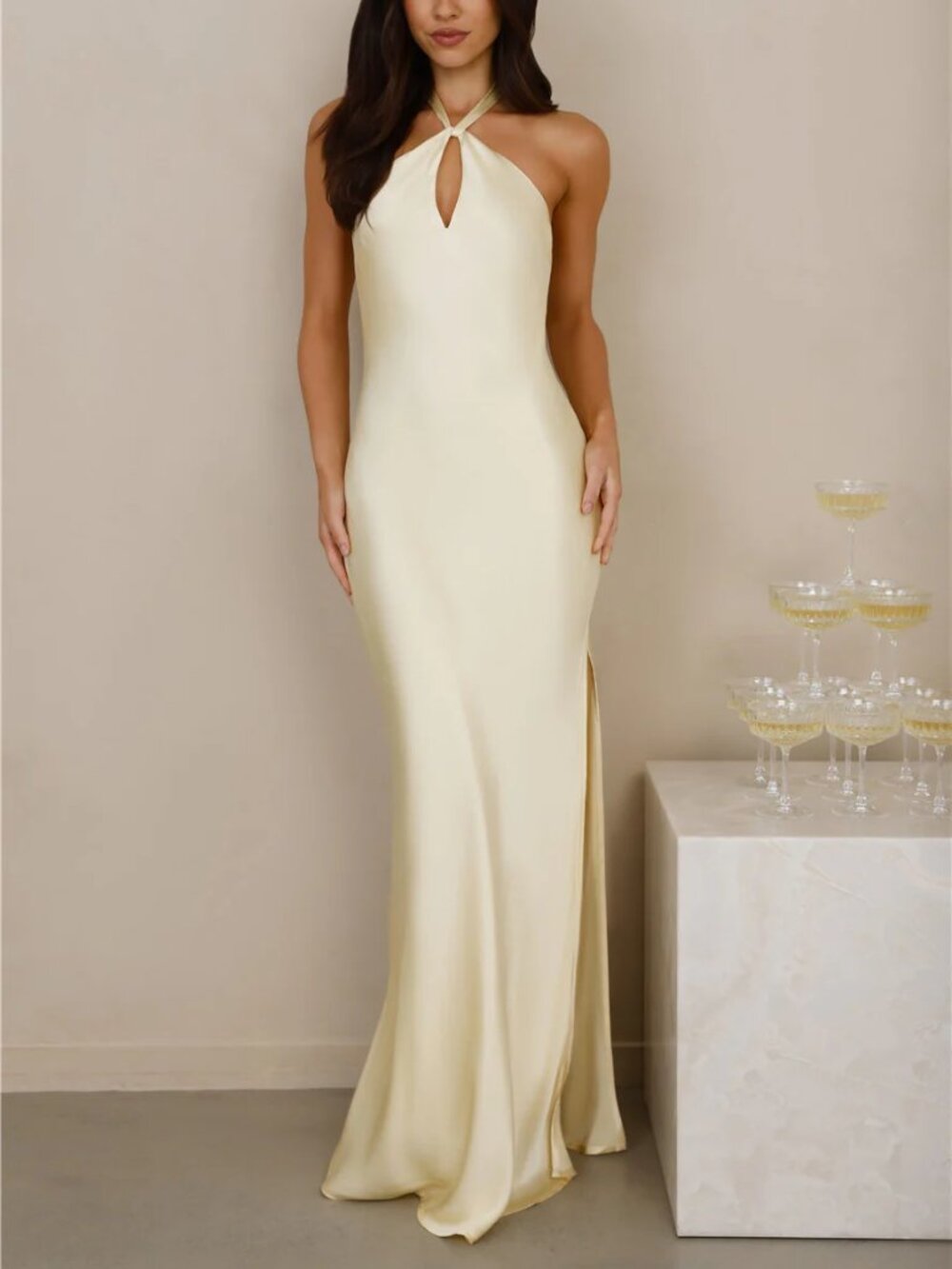 The Delilah Satin Halter Maxi Dress - Butter Yellow - Hello Molly - Picture 2 of 12